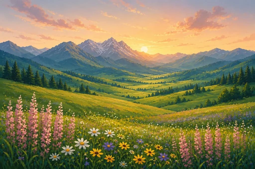 Mountain valley meadow at golden hour